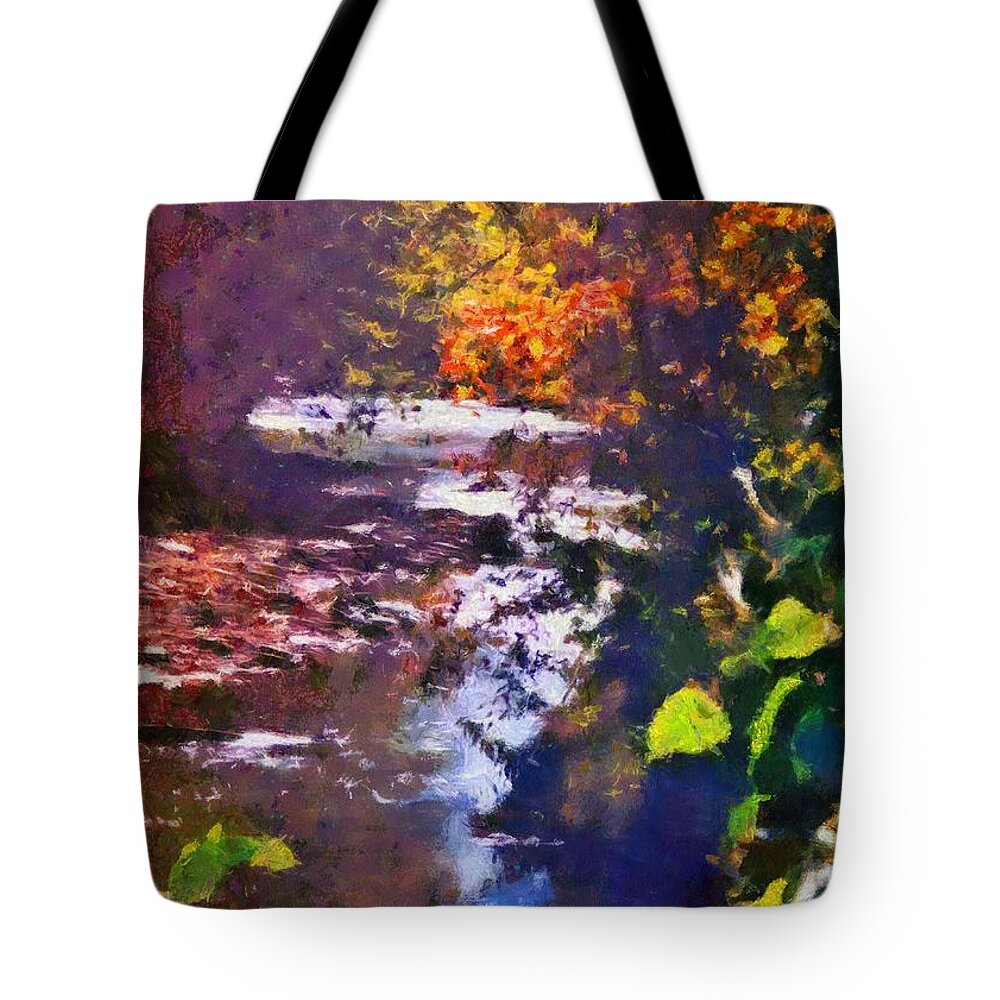 Montour Creek Tote Bag featuring the mixed media Montour Creek in the 1990s by Christopher Reed