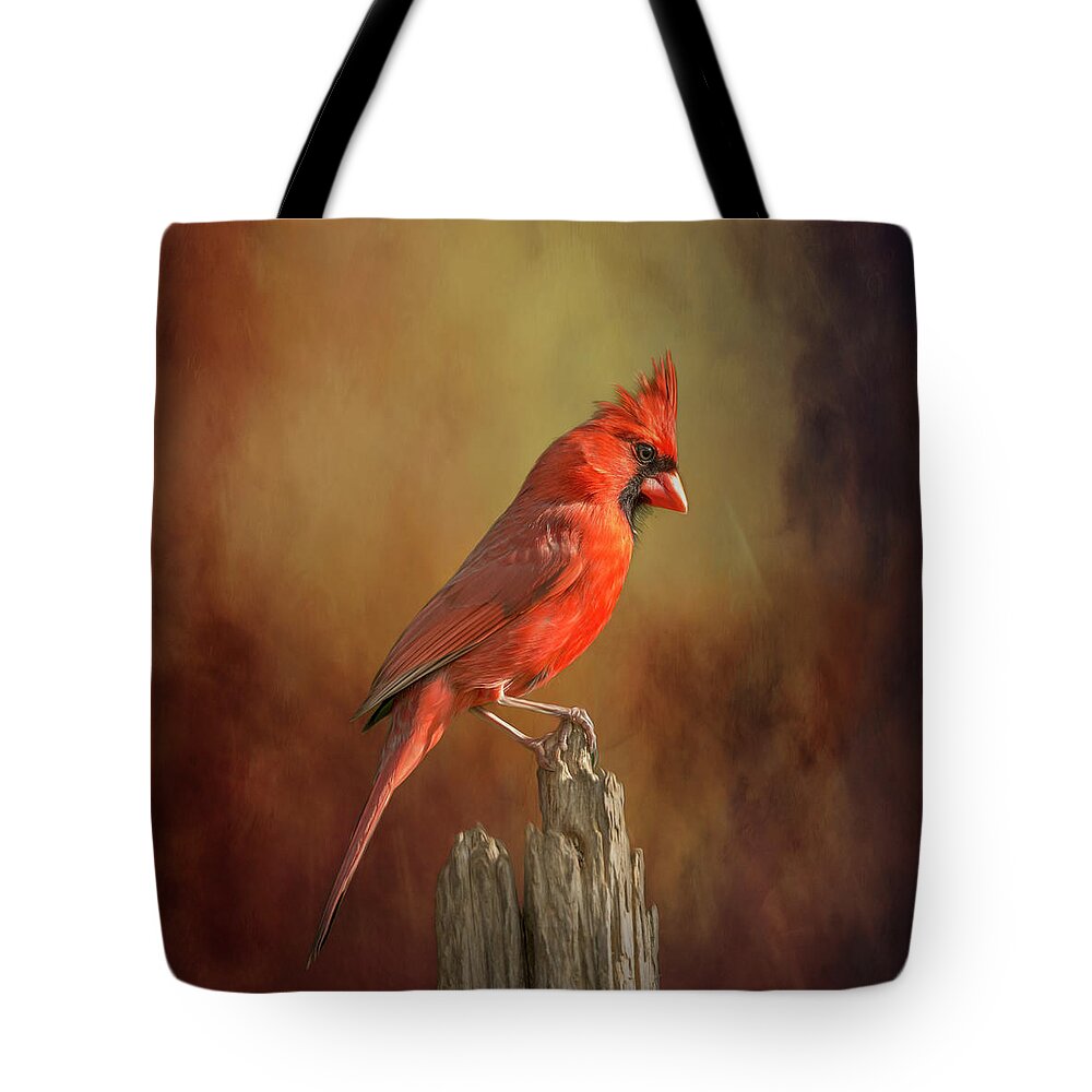 Cardinal Tote Bag featuring the photograph Moody Painterly Redbird by Bill and Linda Tiepelman