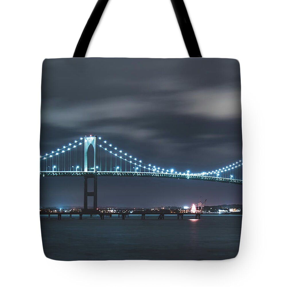 Newport Bridge Tote Bag featuring the photograph Moody Skies over the Newport Bridge by Christina McGoran