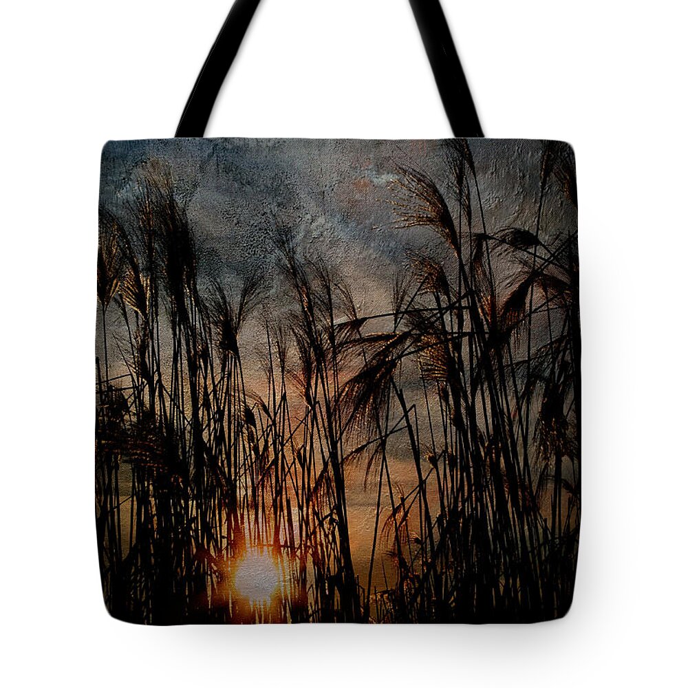 Dark Silhouetted Reeds Tote Bag featuring the digital art Moody Sunset on the Lake by Chris Armytage