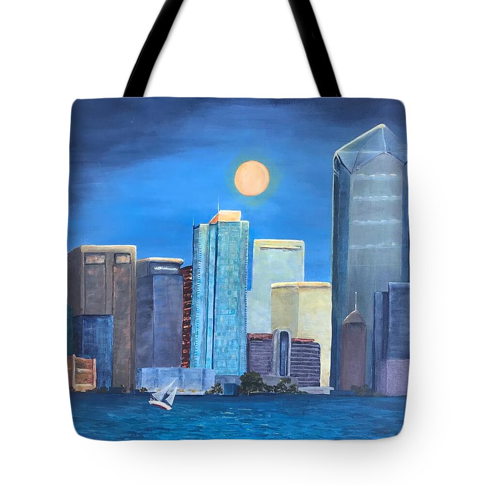 City Tote Bag featuring the painting Moon and Skyline by Deborah Naves