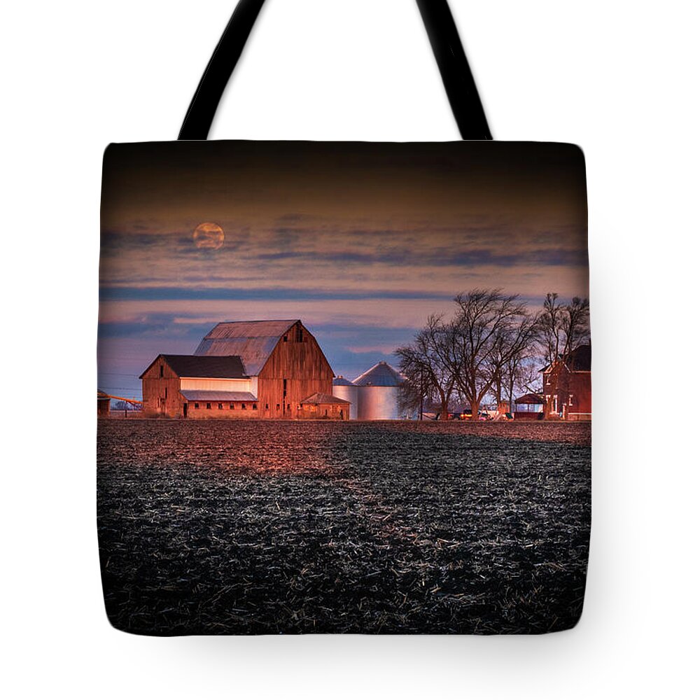 Moon Tote Bag featuring the photograph Moon over an Illinois Farm by Sandra Rust