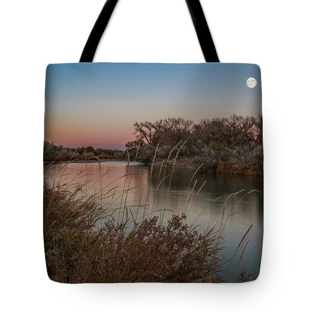 Sunset Tote Bag featuring the photograph Moon Over Animas River by Jaime Miller