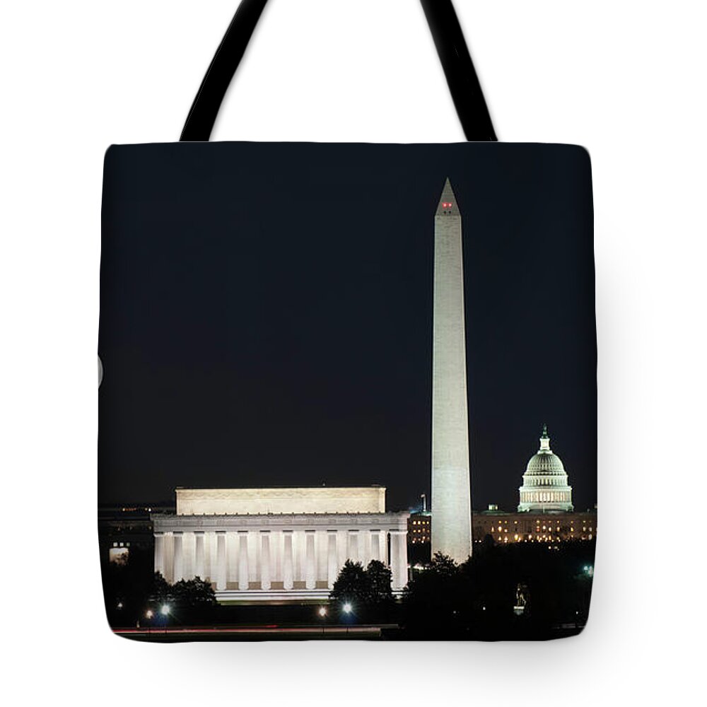 Monuments Tote Bag featuring the photograph Moon Over Monument by Minnie Gallman