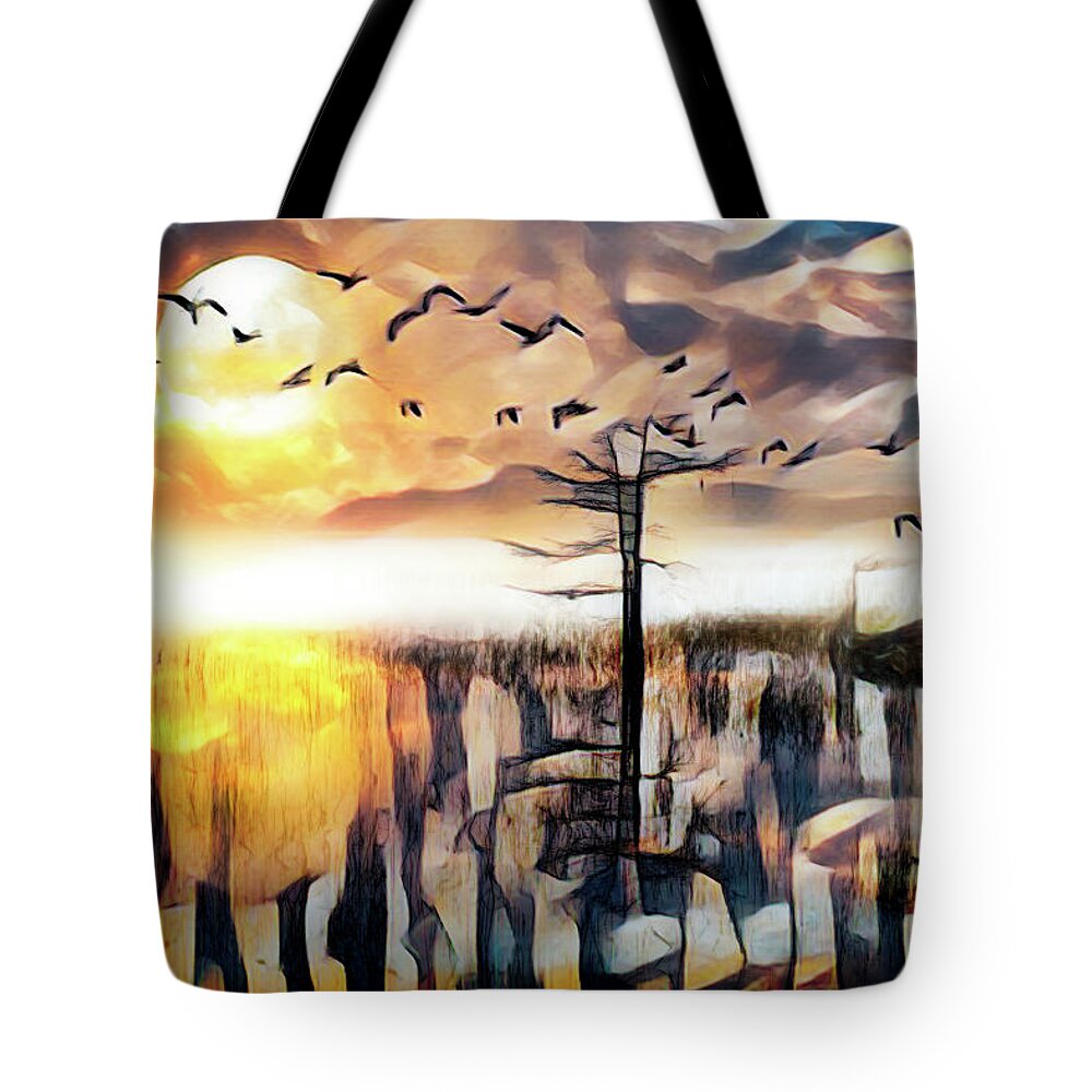 Birds Tote Bag featuring the photograph Moon Rise Flight Abstract Painting by Debra and Dave Vanderlaan