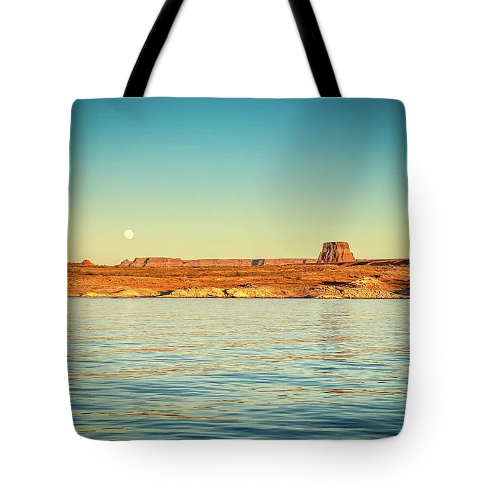 Lake Powell Tote Bag featuring the photograph Moon rise over Warm Creek Bay by Bradley Morris