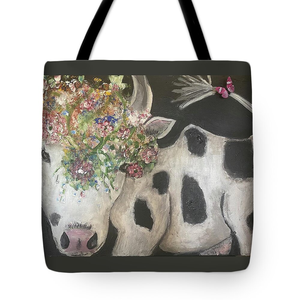 Cow Tote Bag featuring the painting Moona Lisa by Kathy Bee