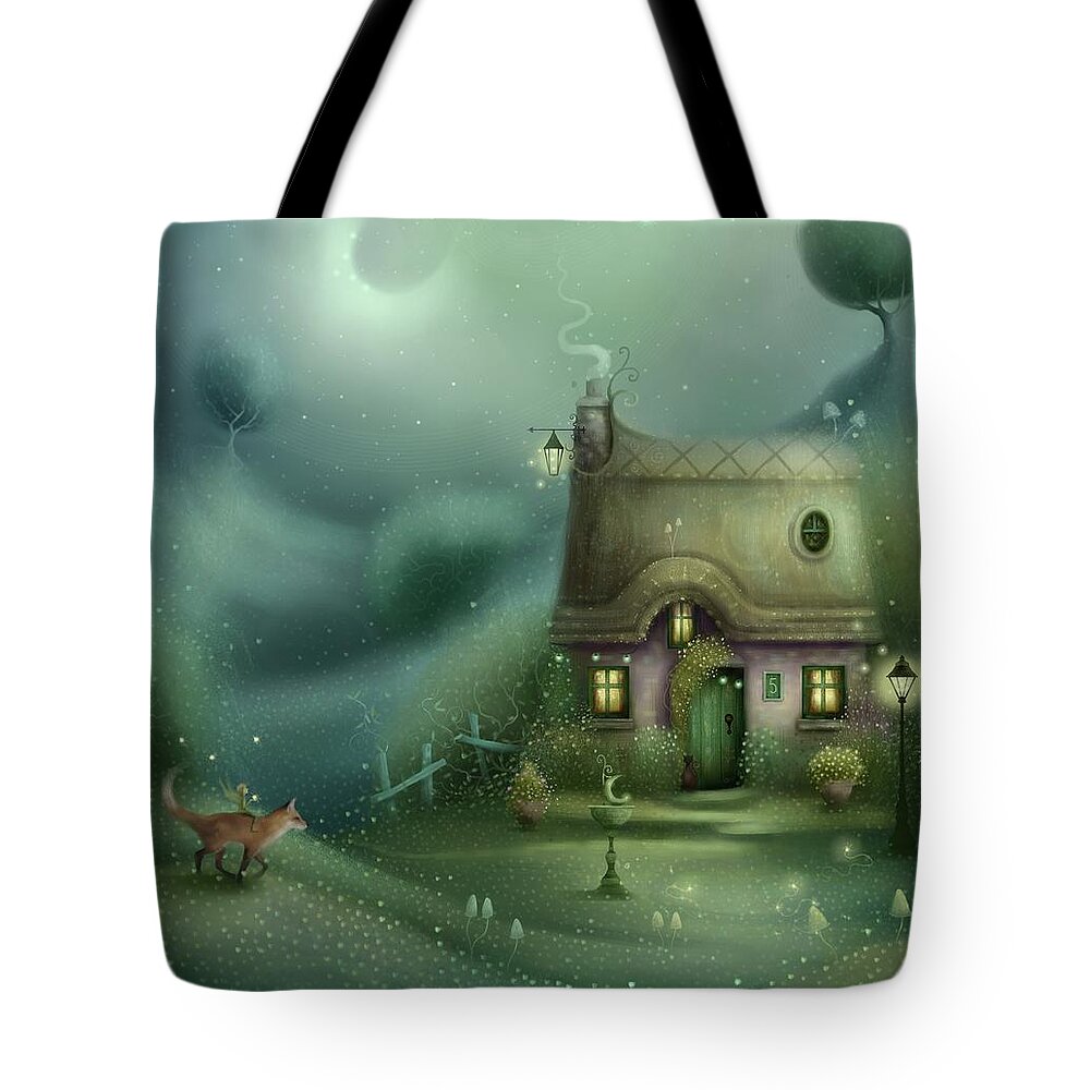 Fairy Tote Bag featuring the painting Moondial cottage by Joe Gilronan