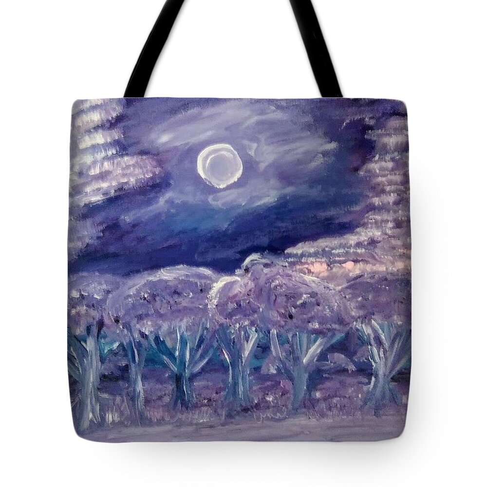 Purple Tote Bag featuring the painting Moonglow Meadow by Andrew Blitman