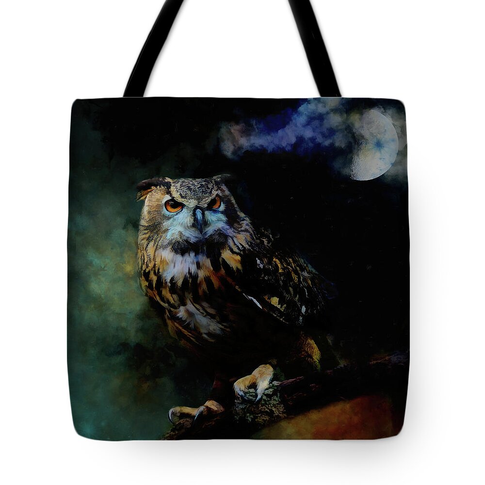 Great Horned Owl Tote Bag featuring the mixed media Moonlight Owl by Kathy Kelly