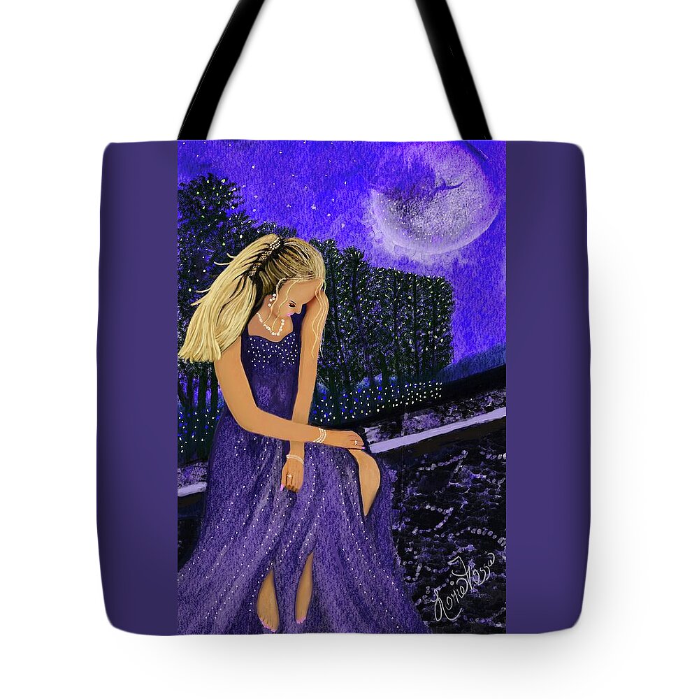 Woman Moonlight Forest Trees Purple Whimsical Fashion Reflection Hope Tote Bag featuring the mixed media Moonlight Prayers by Lorie Fossa