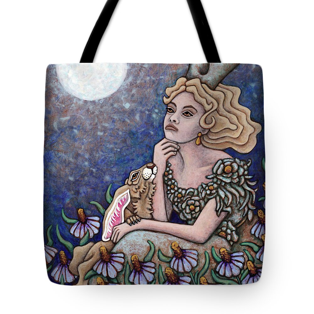 Hare Tote Bag featuring the painting Moonlit Meadow Dreaming by Amy E Fraser