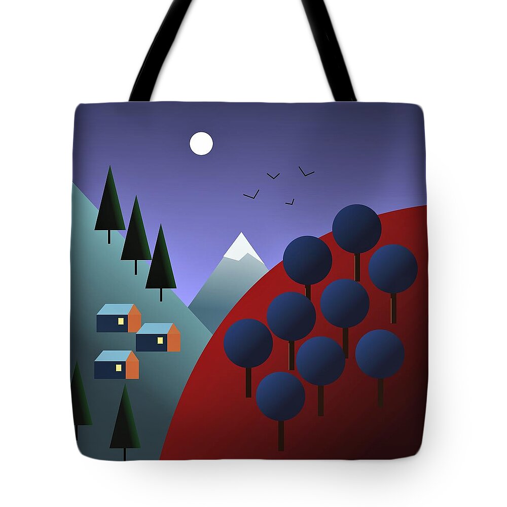 Mountainscape Tote Bag featuring the digital art Moonlit Mountainscape by Fatline Graphic Art