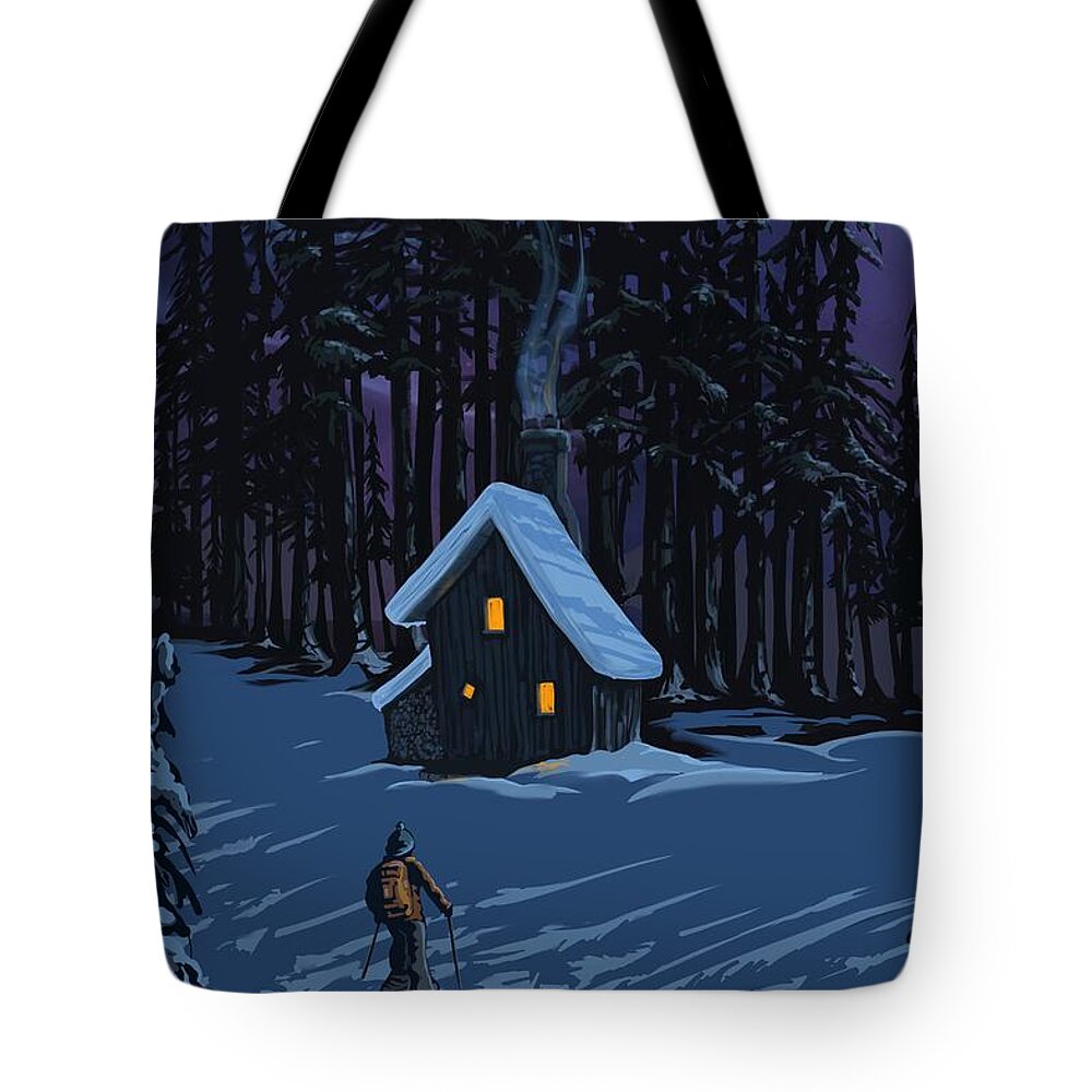 Snowshoe Tote Bag featuring the painting Moonlit Snowshoeing by Sassan Filsoof