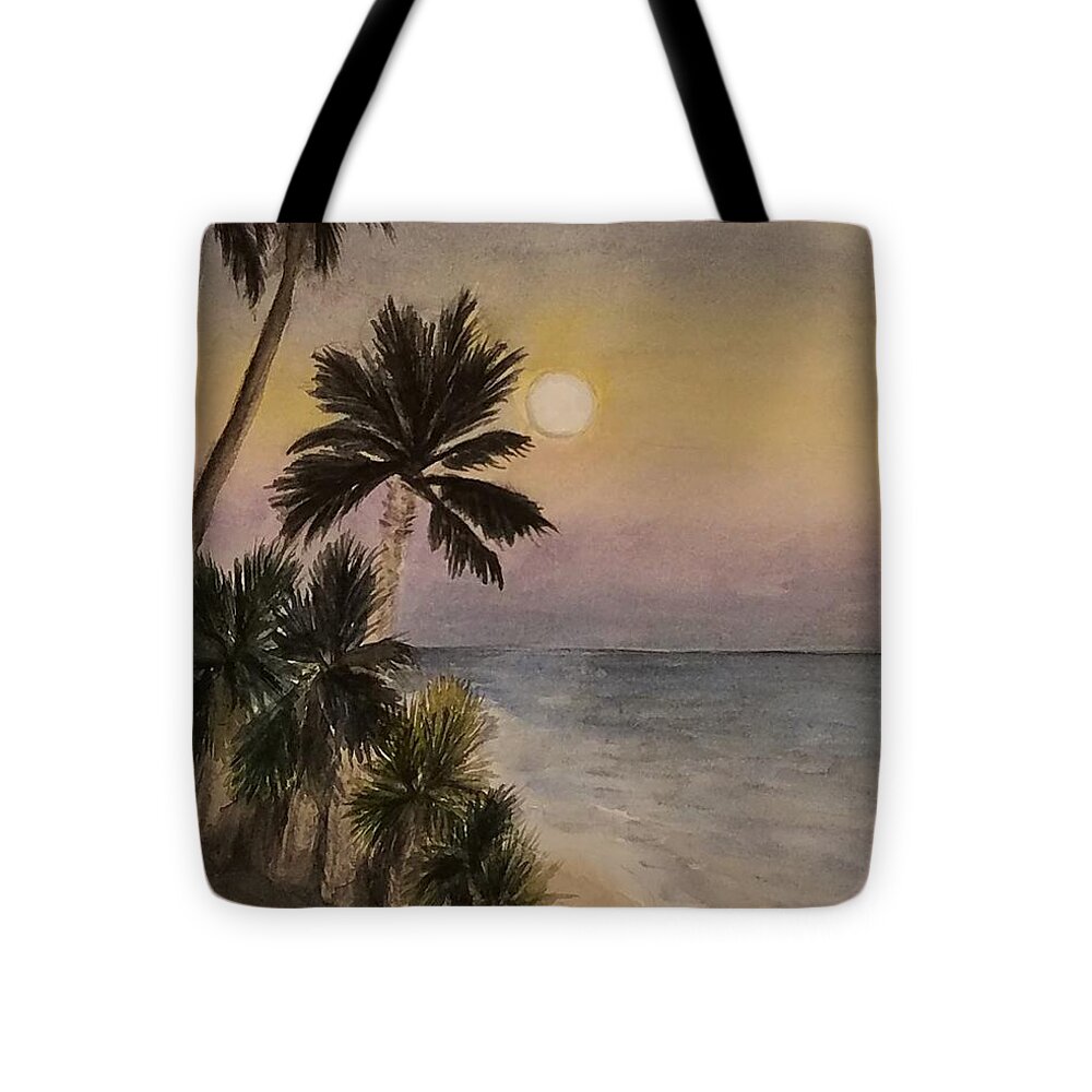 Palms Tote Bag featuring the painting Moonrise Butterfly Beach by M Carlen
