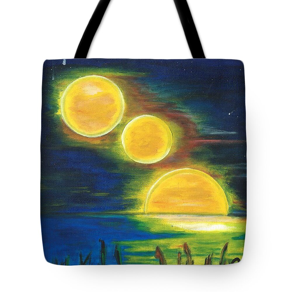 Night Sky Tote Bag featuring the painting Moons Alighting by Esoteric Gardens KN