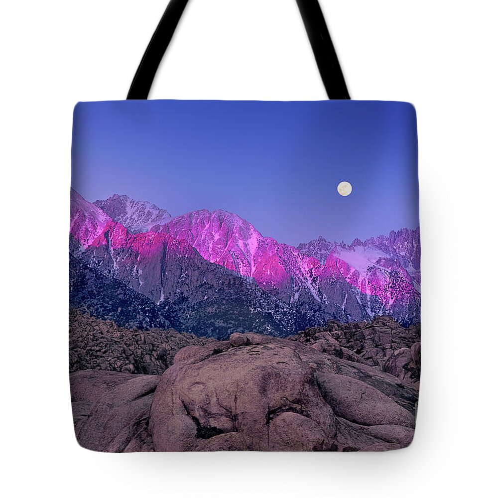 Moon Tote Bag featuring the photograph Moonset At Dawn Eastern Sierras Alabama Hills California by Dave Welling