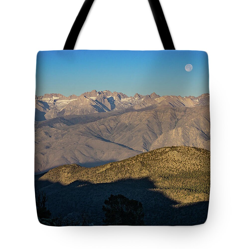 Moonset Tote Bag featuring the photograph Moonset Eastern Sierra Nevada by Brett Harvey