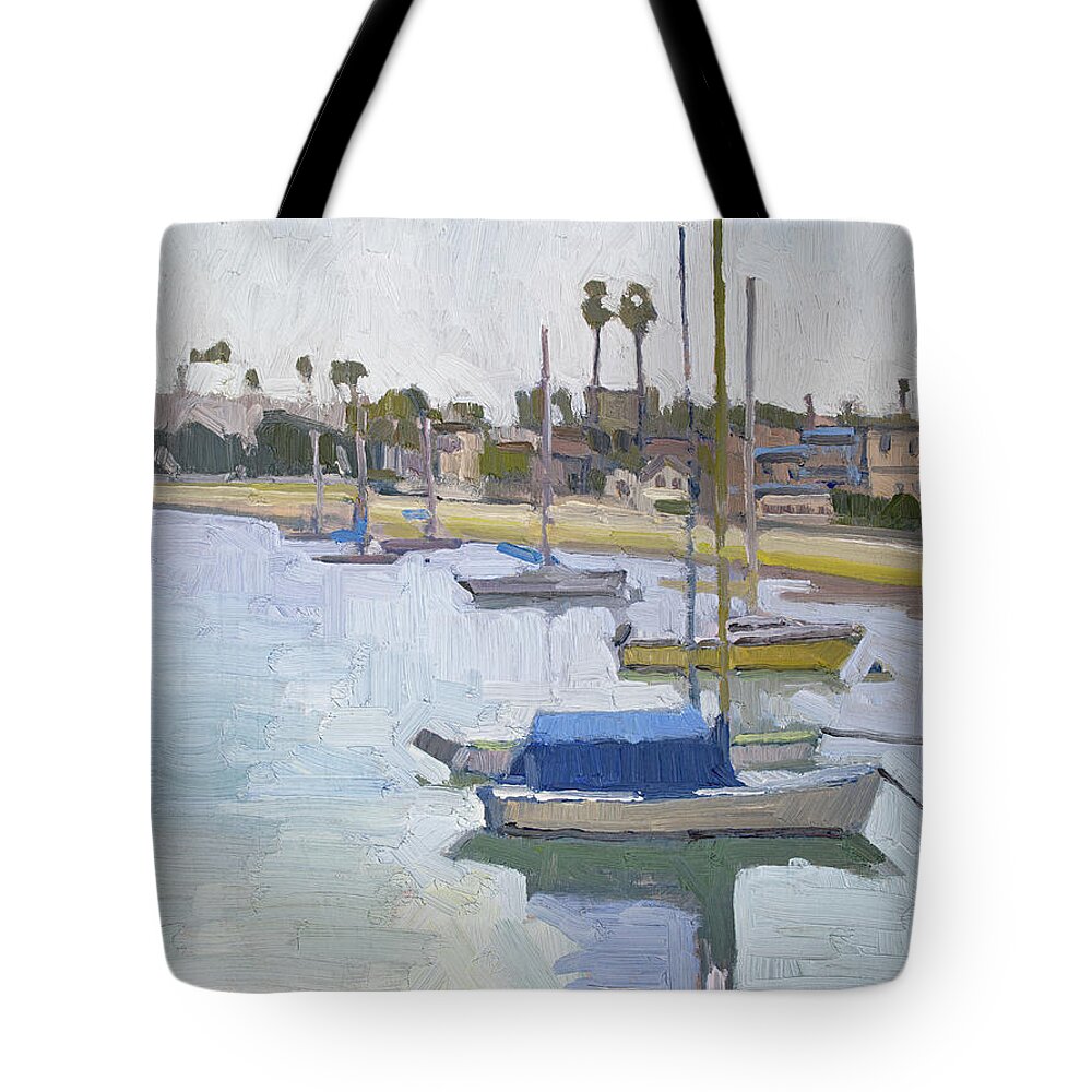 Boats Tote Bag featuring the painting Moored on Santa Barbara Cove - Mission Beach, San Diego, California by Paul Strahm