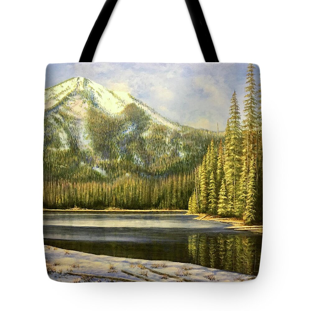 Mountains Tote Bag featuring the painting Moose Lake by Lee Tisch Bialczak