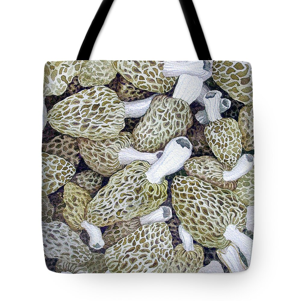 Morels Tote Bag featuring the painting Morel Dilemma I by Helen Klebesadel