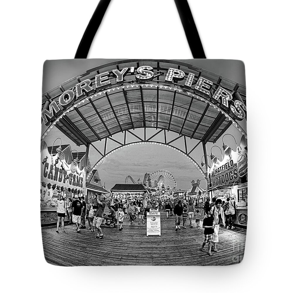 156 Foot Tall Tote Bag featuring the photograph Moreys Piers in Wildwood in black and white by Mark Miller