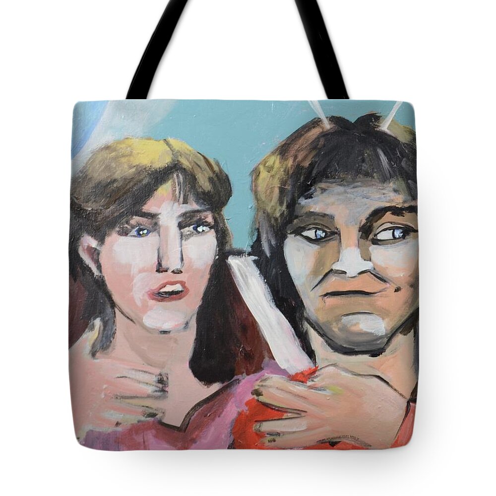 Mork And Mindy Tote Bag featuring the painting Mork and Mindy by Debra Slonim