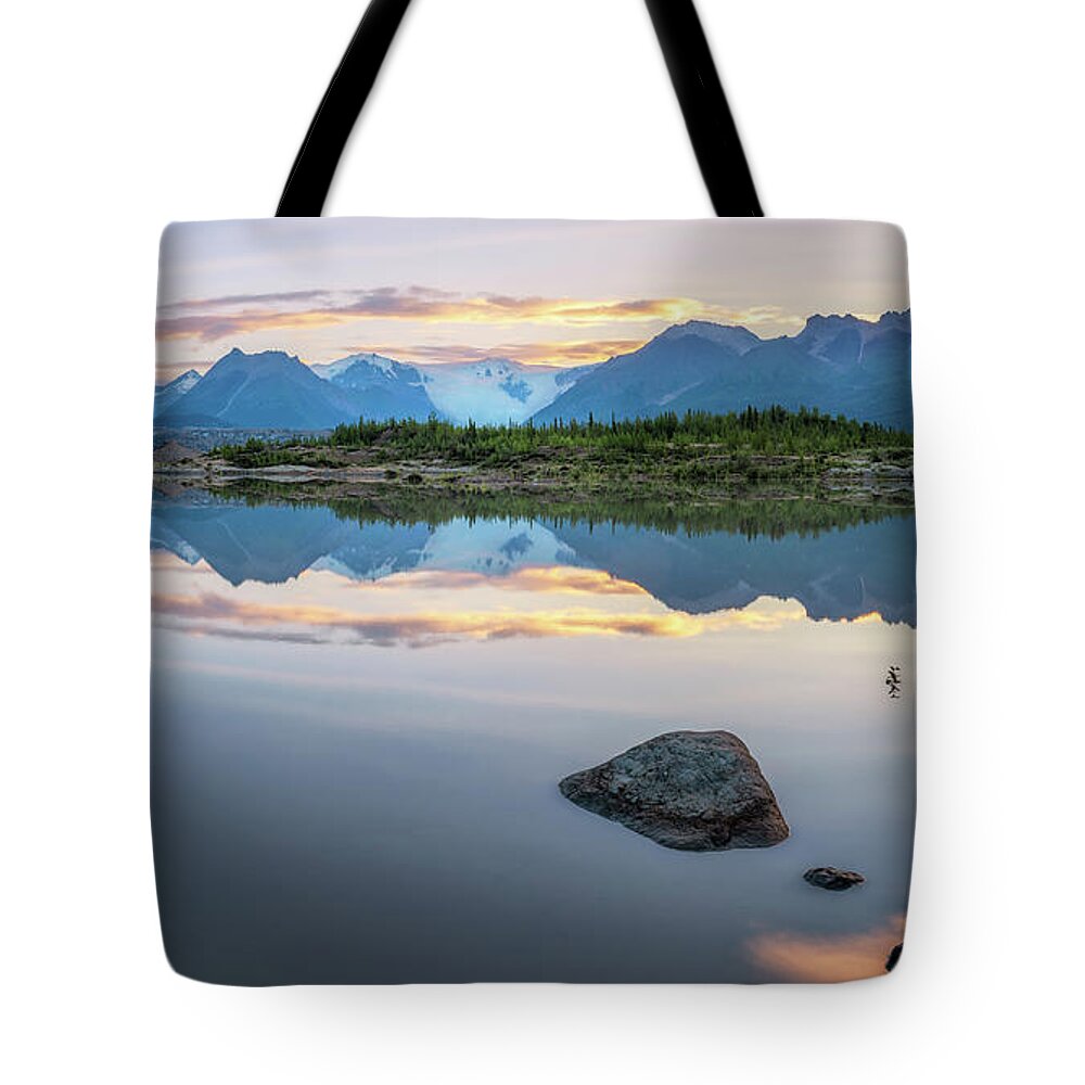 Alaska Tote Bag featuring the photograph Morning at Wrangell Mountains with the water reflection by Alex Mironyuk