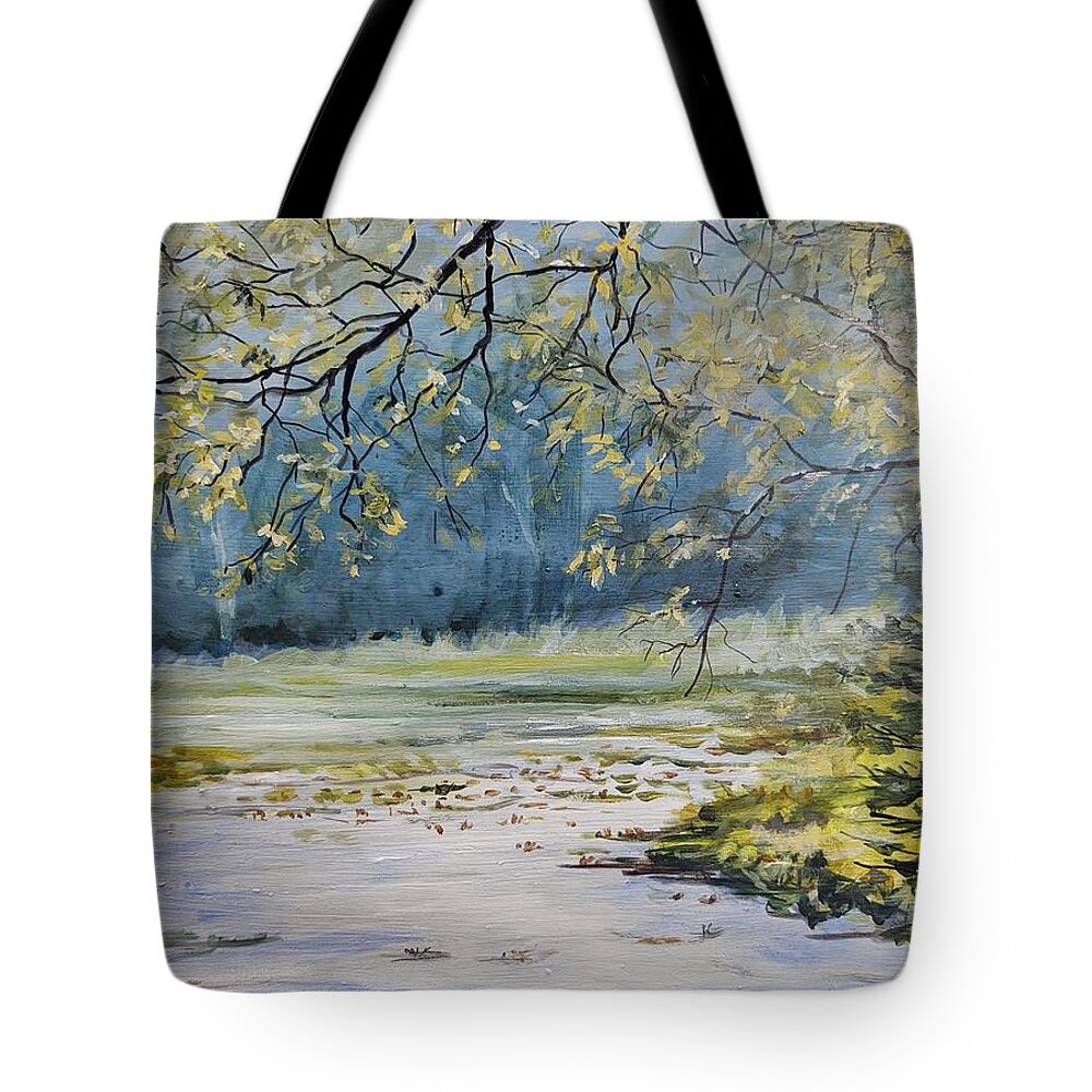 Landscape Tote Bag featuring the painting Morning Blue by William Brody