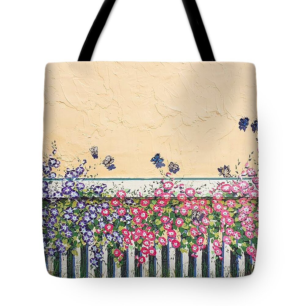 Mural Tote Bag featuring the painting Morning Glories and Butterflies, II by Merana Cadorette