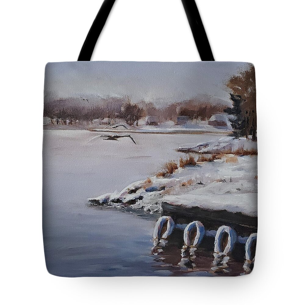 Landscape Tote Bag featuring the painting Morning Harbour by Sheila Romard