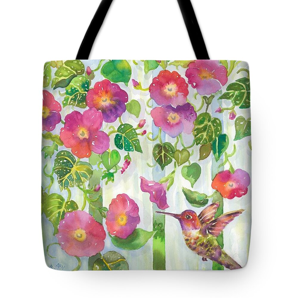 Pink Morning Glories Tote Bag featuring the painting Morning Hummingbird by Ann Nicholson