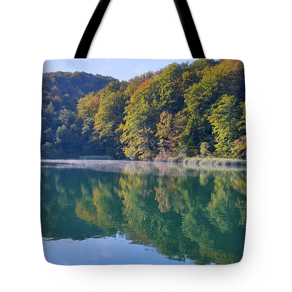 Lake Tote Bag featuring the photograph Morning Mist by Andrea Whitaker