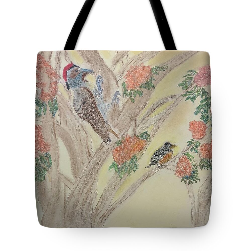 Woodpecker Tote Bag featuring the pastel Morning Sounds by Suzanne Berthier