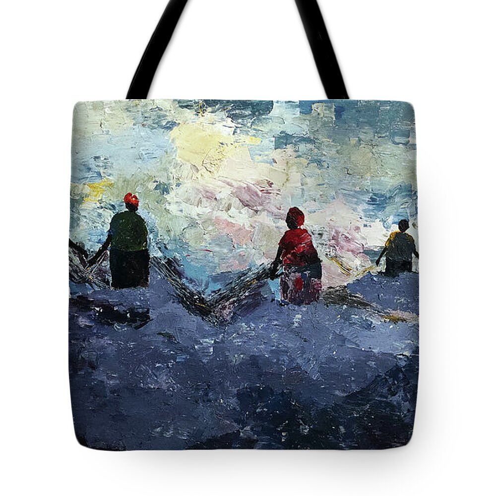 African Art Tote Bag featuring the painting Morning Tide by Tarizai Munsvhenga