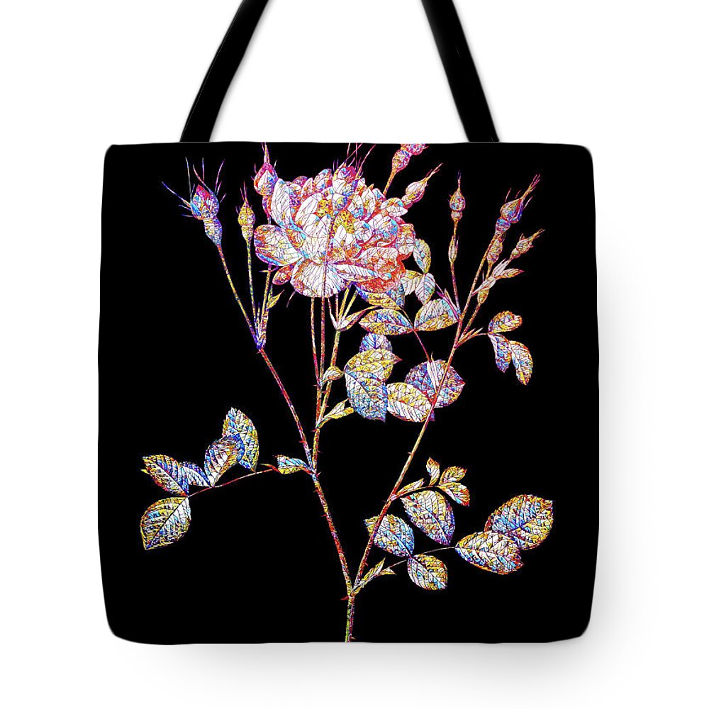 Holyrockarts Tote Bag featuring the mixed media Mosaic Anemone Sweetbriar Rose Botanical Art On Black by Holy Rock Design