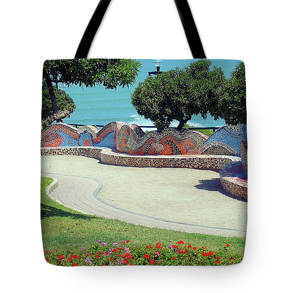 Parque Del Amor Tote Bag featuring the photograph Mosaic Wall By The Sea, Lima Peru by Karen Zuk Rosenblatt