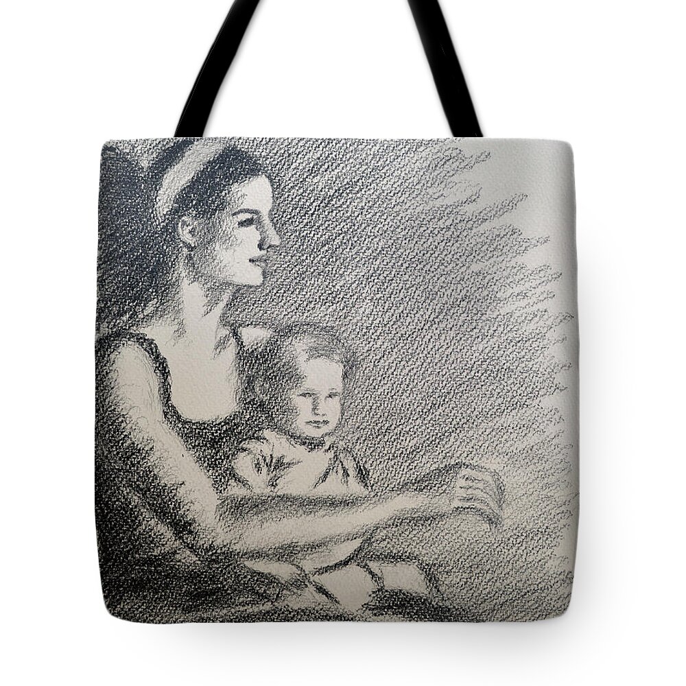 Mother And Child 7 Tote Bag featuring the drawing Mother and child 7 by Uma Krishnamoorthy