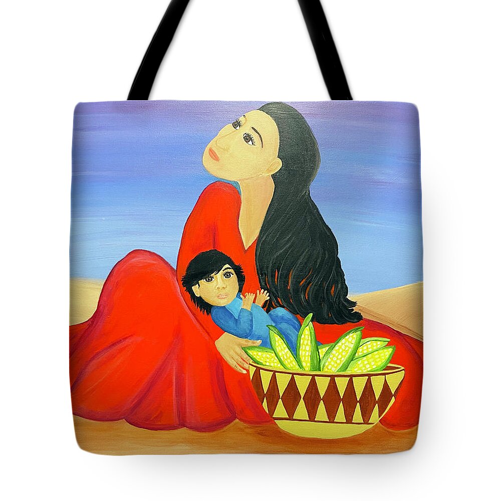 Southwestern Art Tote Bag featuring the painting Mother and Corn by Christina Wedberg