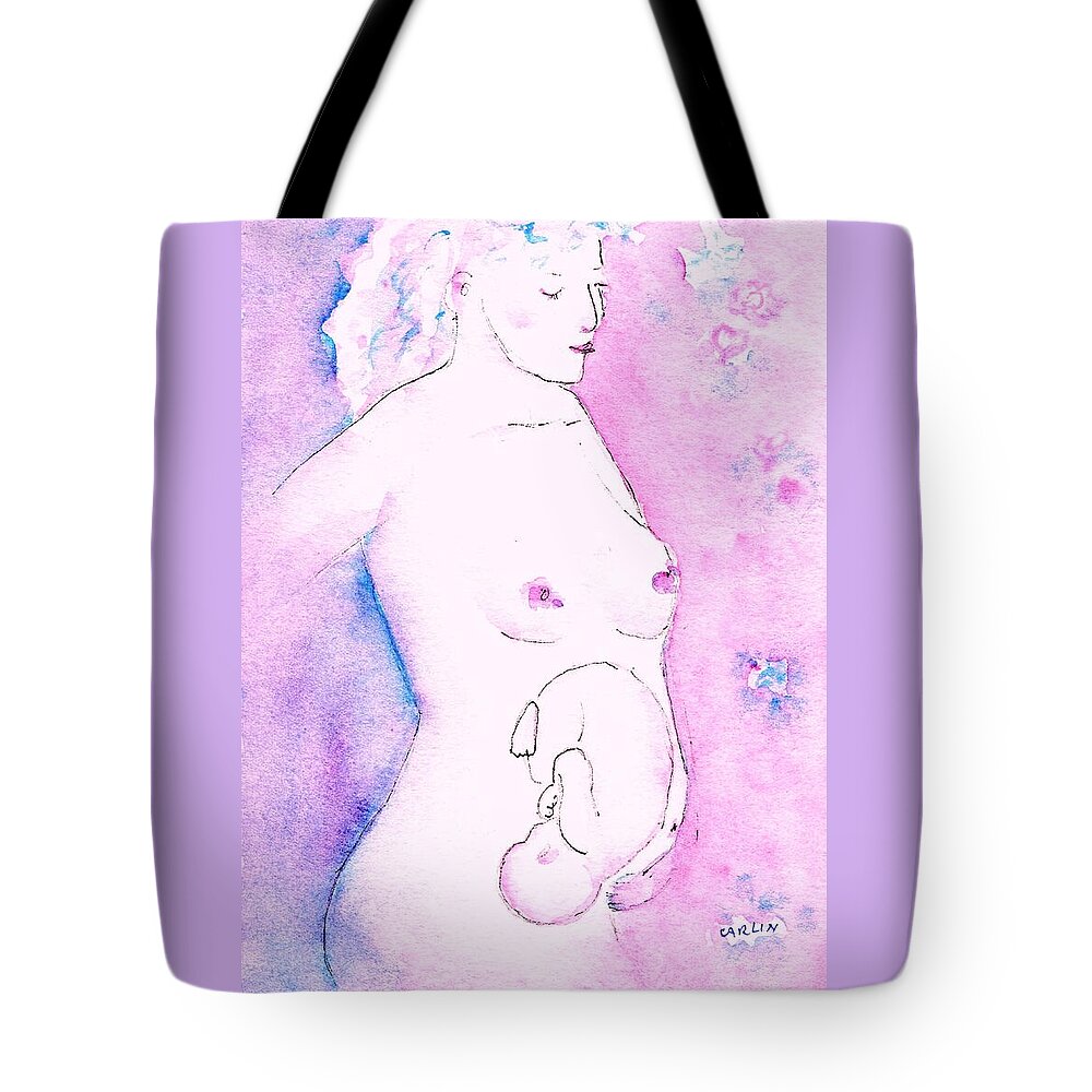 Pregnant Tote Bag featuring the painting Mother and Fetus Colorful by Carlin Blahnik CarlinArtWatercolor