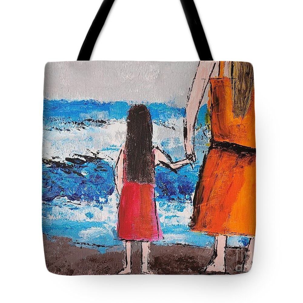  Tote Bag featuring the painting The Mother Daughter at the Beach by Mark SanSouci
