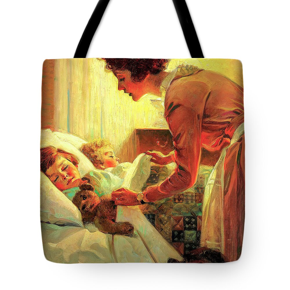 Mother Tote Bag featuring the painting Mother Tucking Children into Bed Cropped by Norman Rockwell