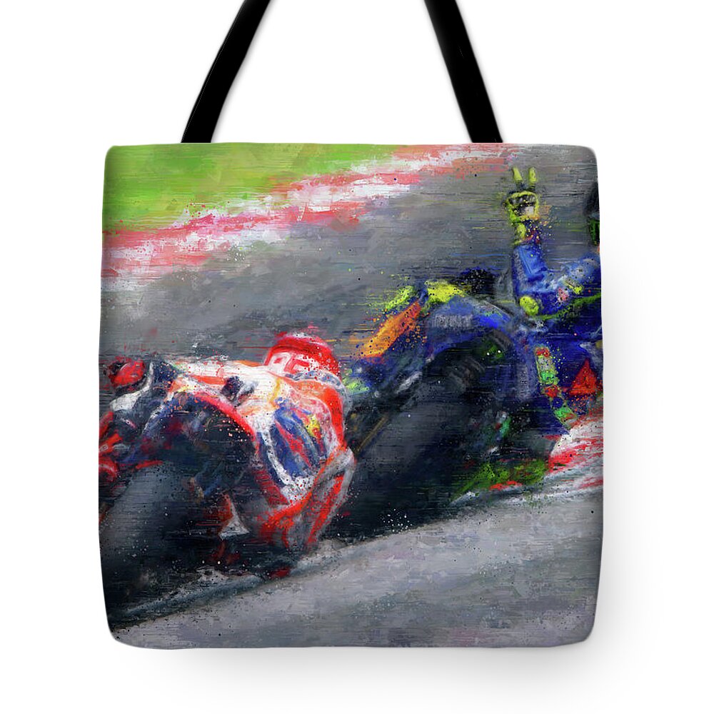 Motorcycle Tote Bag featuring the painting MOTO GP Rossi vs Marquez by Vart by Vart