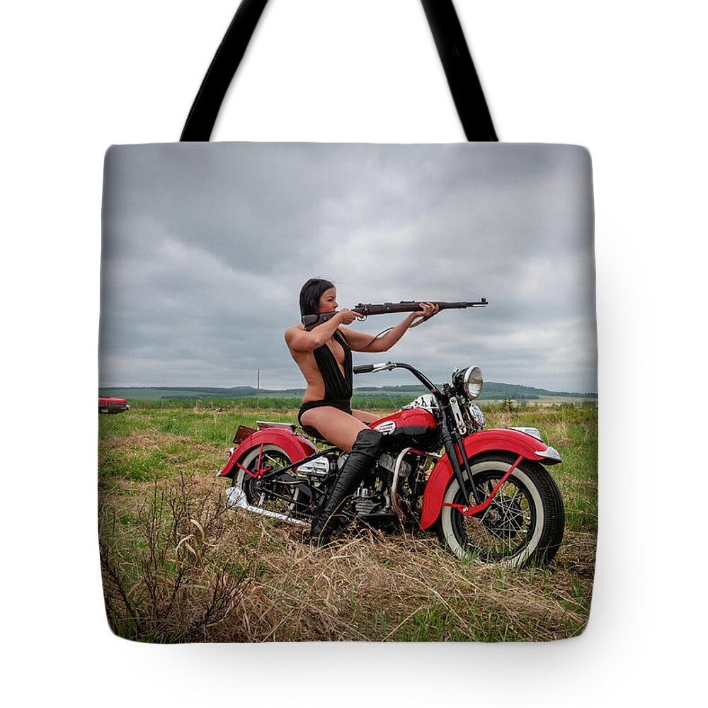 Motorcycle Tote Bag featuring the photograph Motorcycle Babe by Bill Cubitt