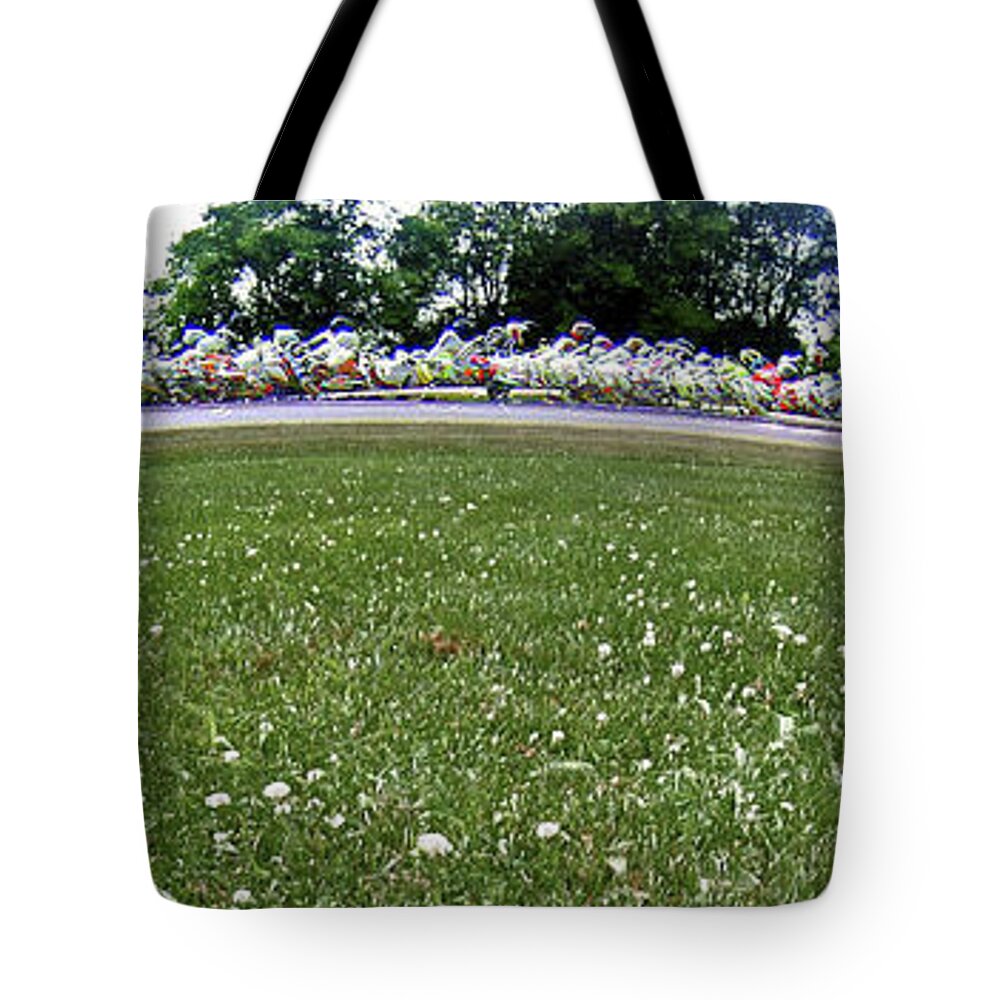 Motorcycle Tote Bag featuring the photograph Motorcycle Panorama Composite racing corner by Pete Klinger