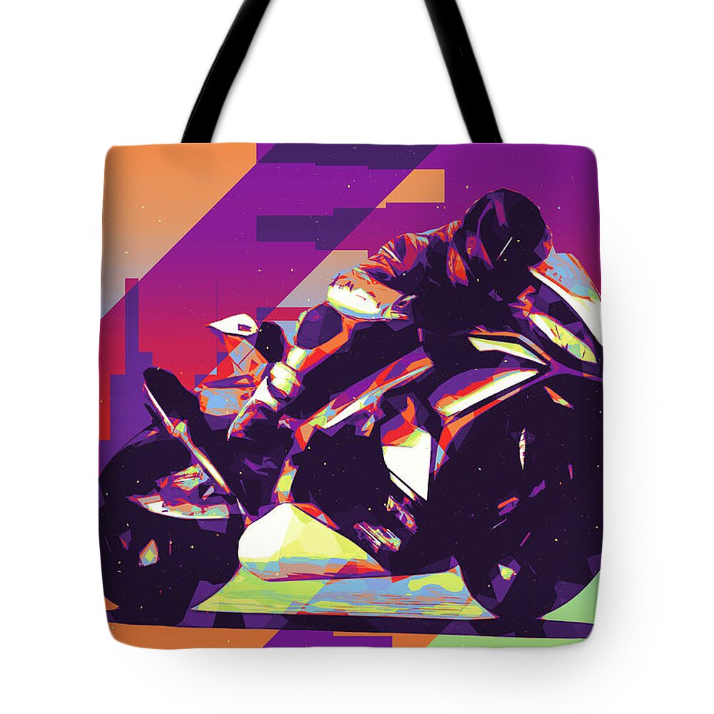 Racing Tote Bag featuring the digital art Motorcycle Racer Modern Art by Ron Grafe