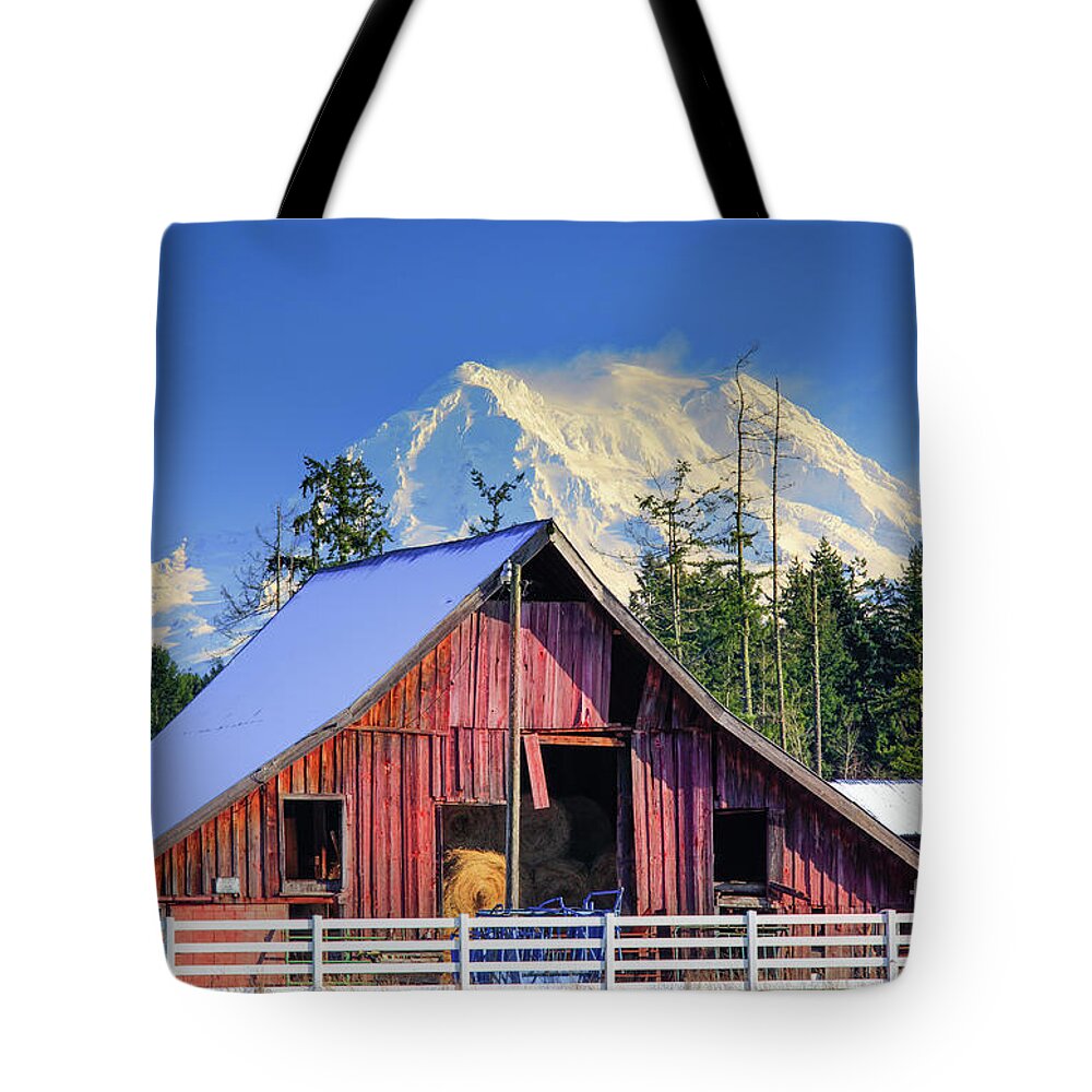 America Tote Bag featuring the photograph Mount Rainier and Barn by Inge Johnsson