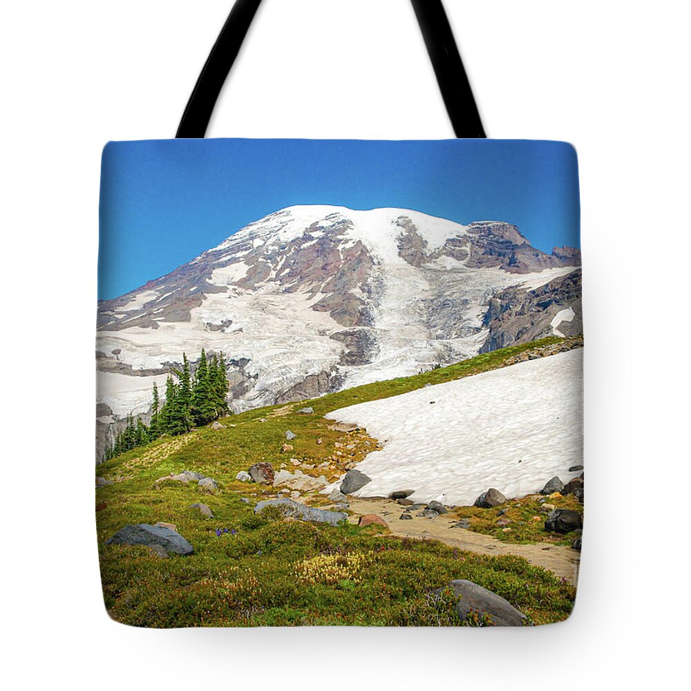 Mount Rainier Tote Bag featuring the photograph Mount Rainier from Paradise Trail in Mount Rainier National Park by Nancy Gleason