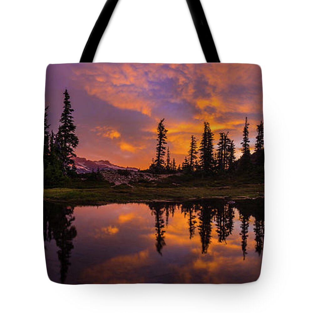 Mount Rainier Tote Bag featuring the photograph Mount Rainier Sunrise Reflection Glow by Mike Reid