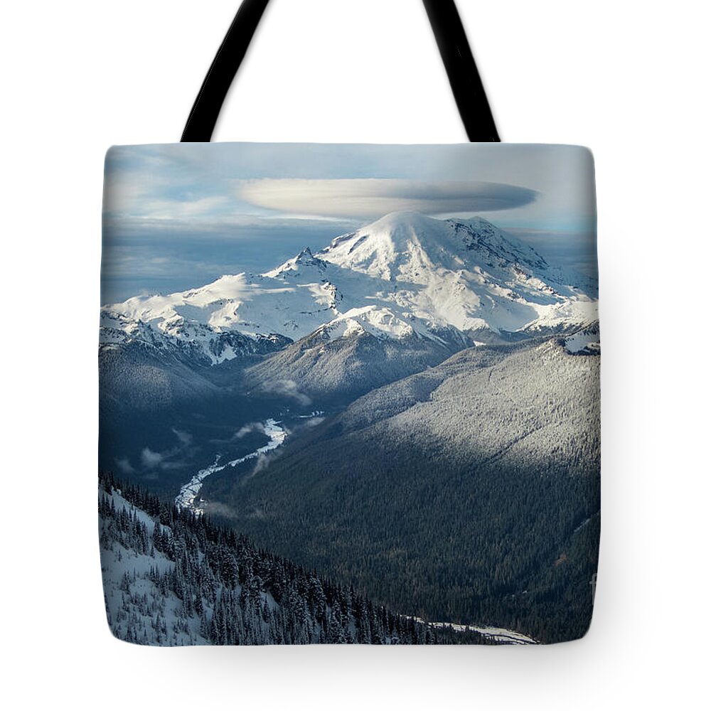 Mount Rainier Tote Bag featuring the photograph Mount Rainier with Lenticular Cloud and White River Valley by Nancy Gleason